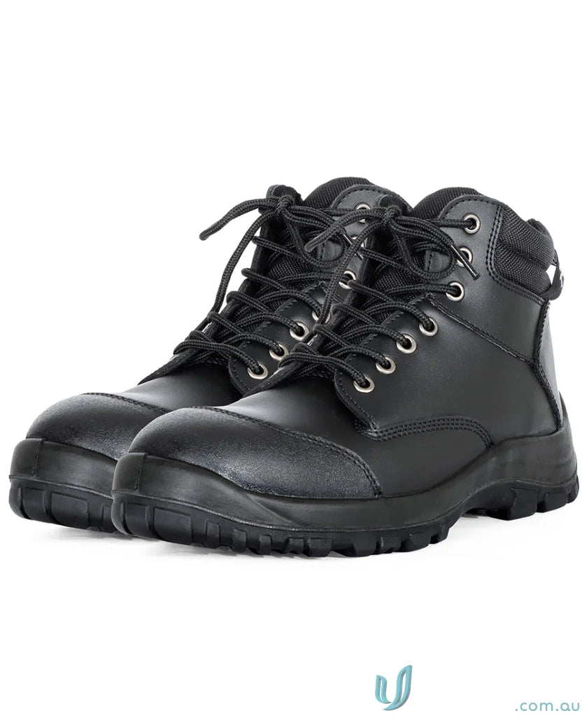 Black leather work boots with rugged sole and steel toe from Steeler Zip Lace Up Safety Boot for uniforms