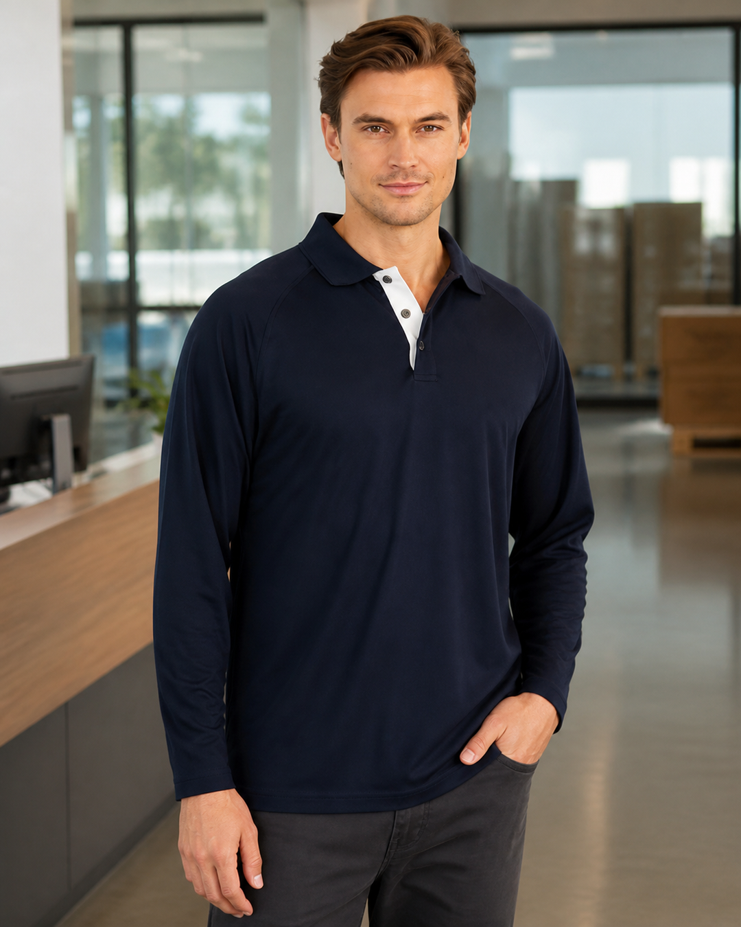 Male model wearing Stencil Team LS Polo