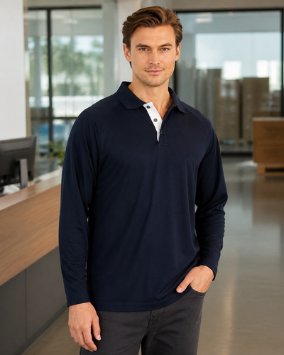 Male model wearing Stencil Team LS Polo