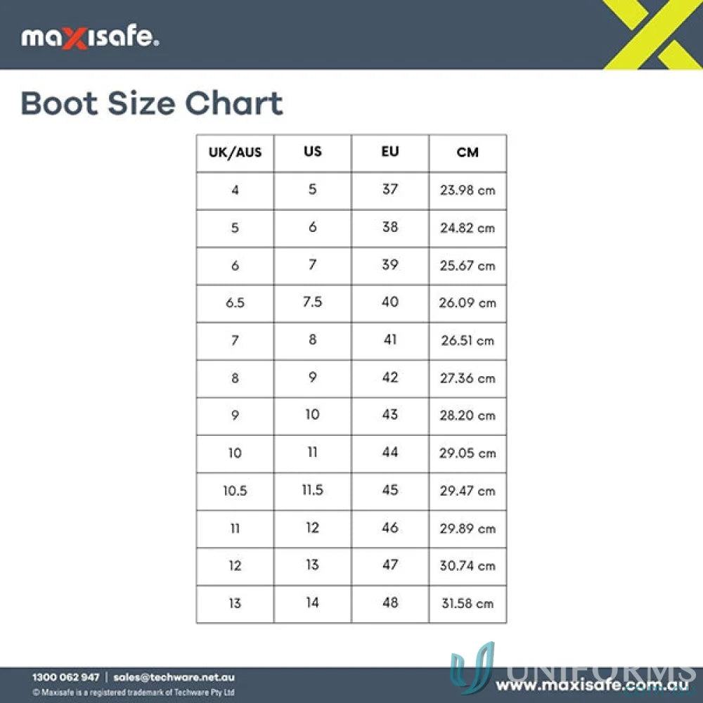 Boot size conversion chart for Stimela Superintendant Black Gumboots with safety toe and midsole, perfect for workwear and ankle support