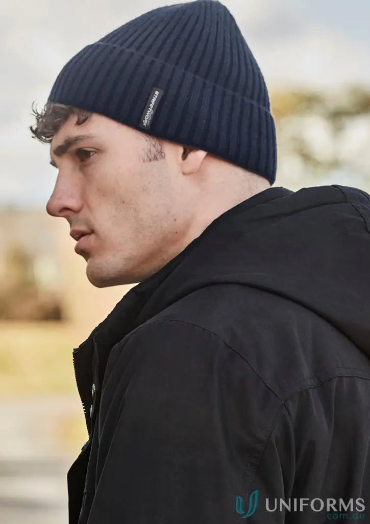 Man wearing Streetworx Beanie -zmbean and black hoodie, perfect cold weather uniform