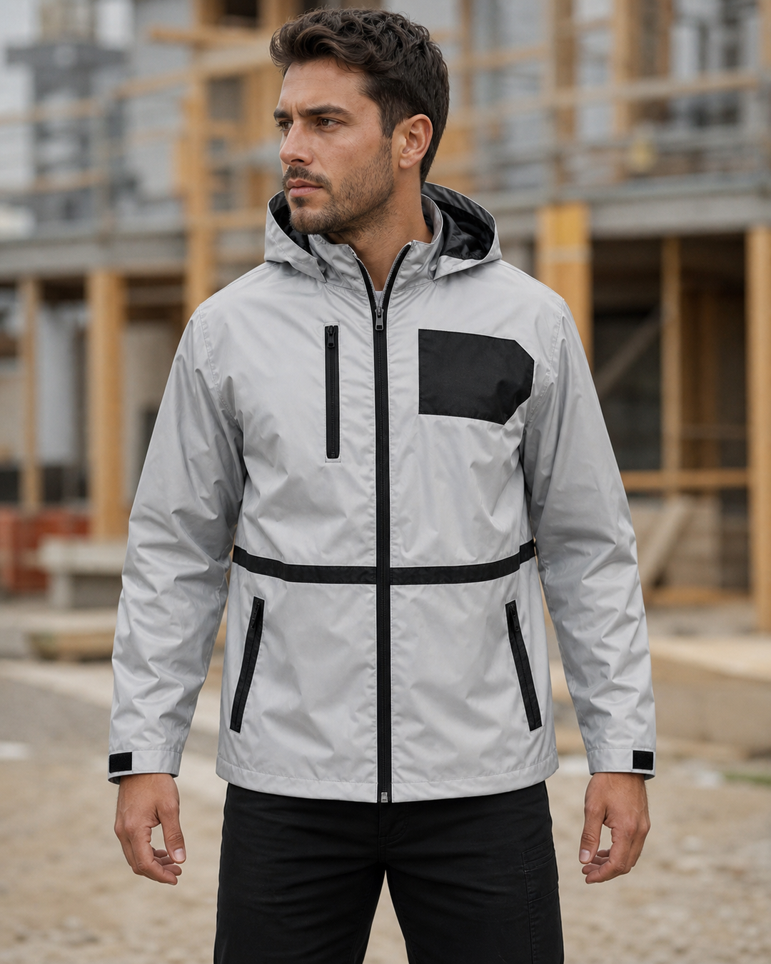 Streetworx Reflective Waterproof Jacket silver on Australian male model
