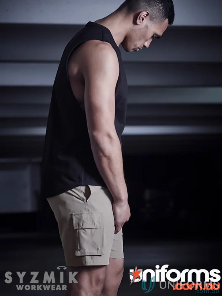 Man wearing black streetworx sleeveless tee with khaki cargo shorts and drop armholes
