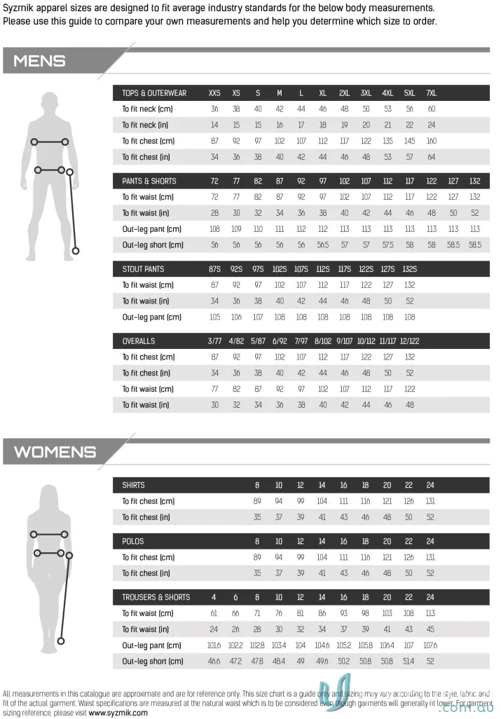 Syzmik Apparel Size Chart for Streetworx Stretch Waterproof Jacket with Quick-Close Cuff Adjusters