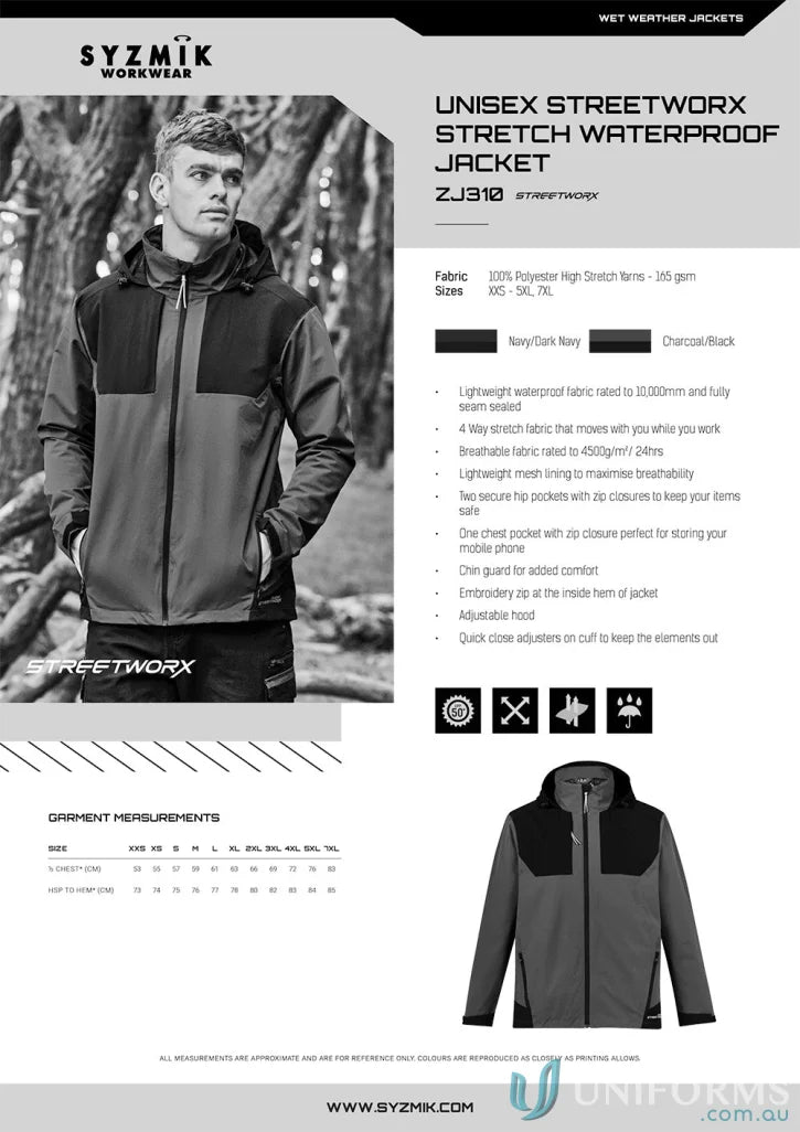 Unisex Streetworx stretch waterproof jacket with quick-close cuff adjusters for next-level rain protection