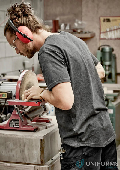 Red and black disc sander graphic on Streetworx Tee Shirt made of breathable cotton slim fit fabric