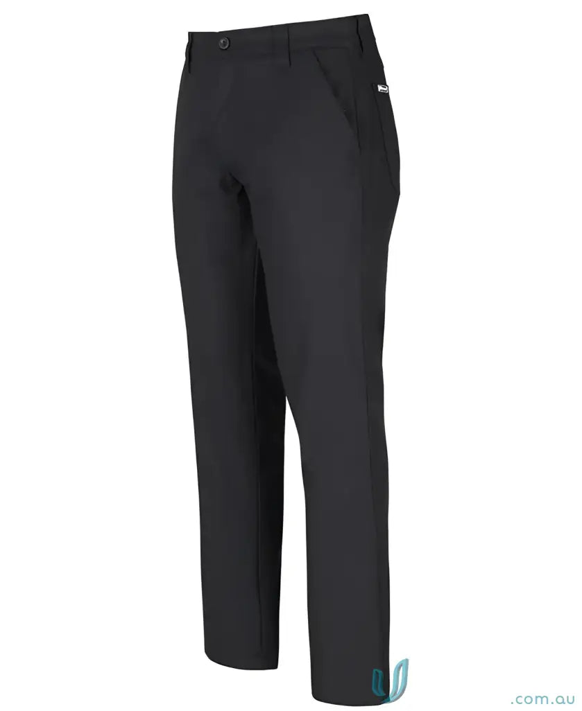 Black casual trousers made from stretch canvas with YKK zipper and detailed sizing info