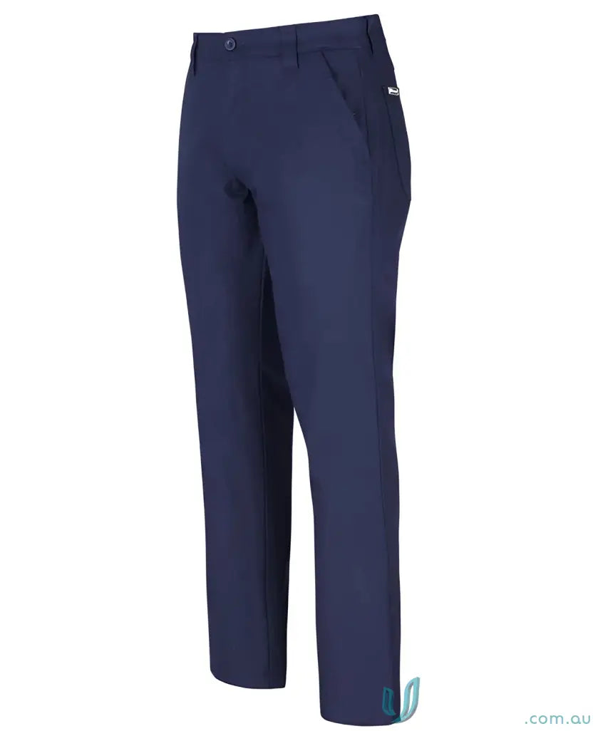 Navy blue stretch canvas trouser with YKK zipper and various sizing specs