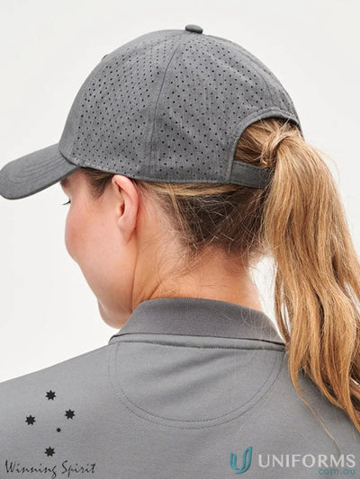 Gray perforated Stretch Laser Cut Runner’s Cap with winning spirit stretch design