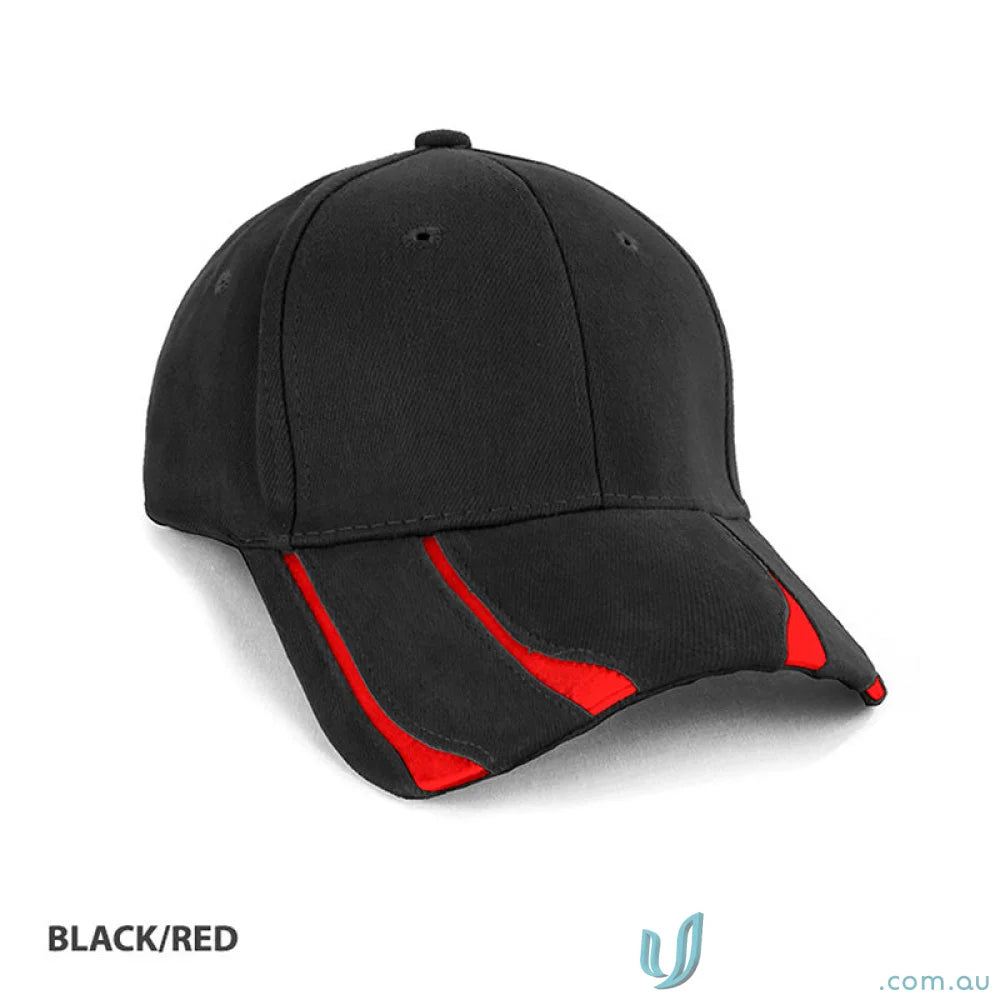 Black baseball cap with red accents from Striker Cap, perfect with a Navy Cotton T-shirt