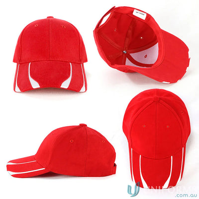 Red and white Striker Cap matching a Navy Cotton T-shirt for cool style travel look