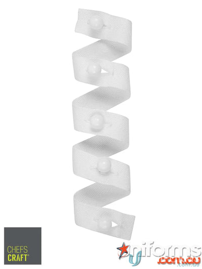 White coiled chef coat button strip with workcraft stud buttons for healthcare uniforms