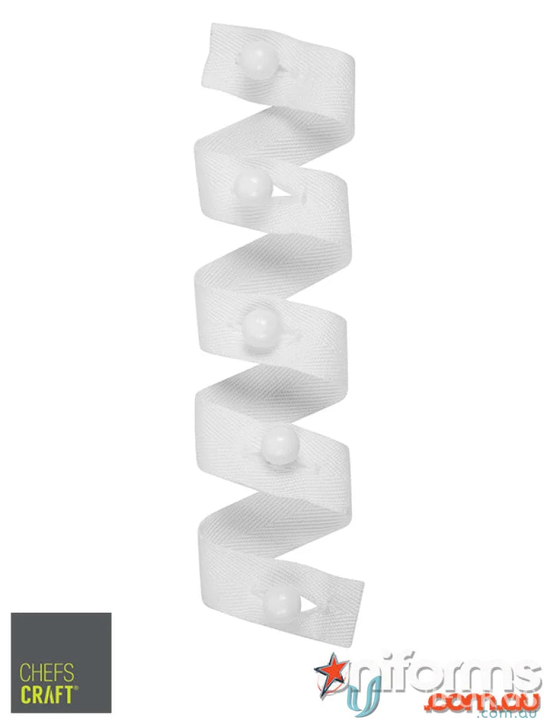 White coiled chef coat button strip with workcraft stud buttons for healthcare uniforms
