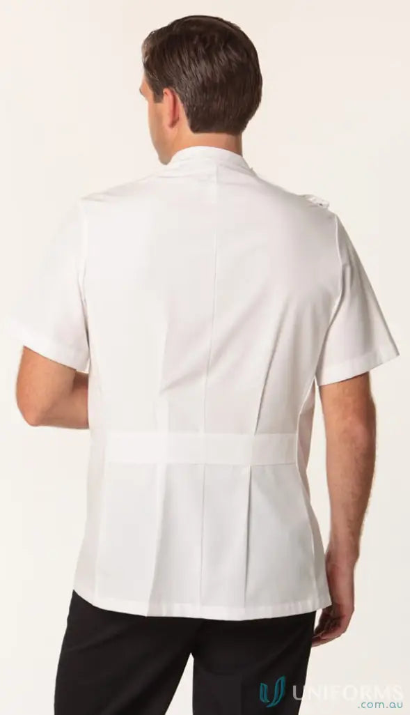 Mens short sleeve dental pharmacy jacket with a standing collar and pleated back