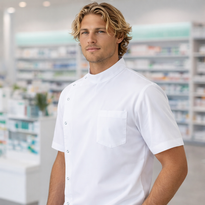White short sleeve dental pharmacy jacket with winning spirit