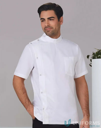 Mens white short sleeve dental pharmacy jacket with mandarin collar and side buttons