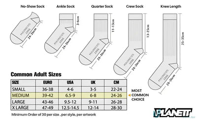 Sock size chart for Sublimated Sports Socks, perfect for custom sports socks lovers