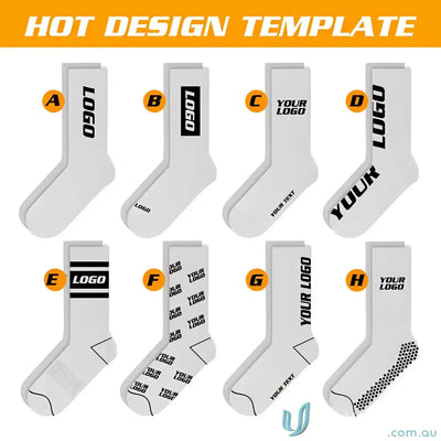 White sports socks with logo design templates, perfect for custom sports gear