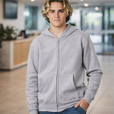 SubZero Kids Zip Hoodie: gray zip-up with hood, pockets, ribbed cuffs, double bay hoodie