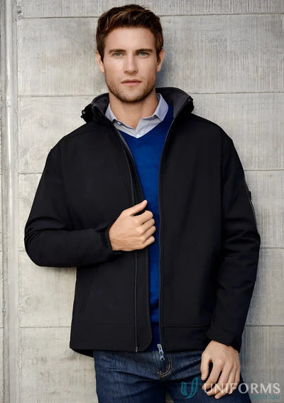 Man in black Summit Soft Shell Jacket from Biz Collection with waffle fleece lining