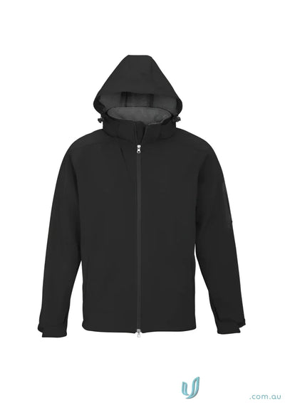 Black hooded Summit Soft Shell Jacket from Biz Collection with waffle fleece lining