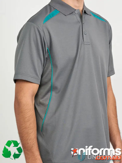 Gray sustainable contrast polo shirt with teal accents, shoulder dart and mesh panels