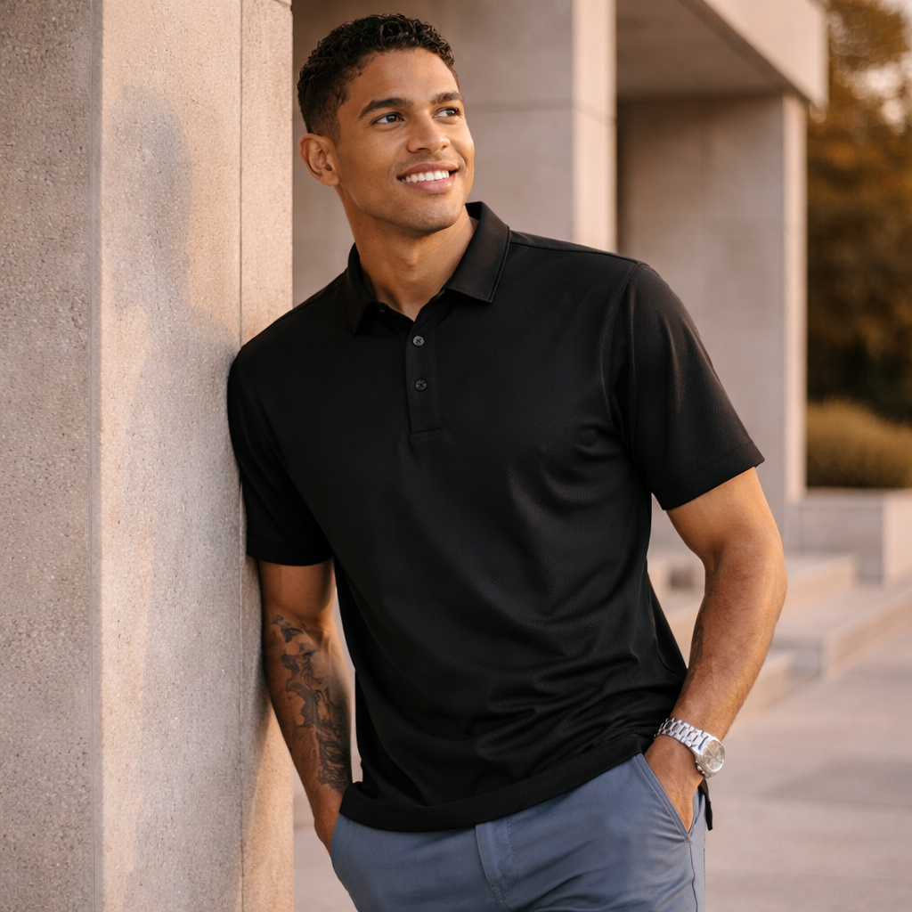 Sustainable jacquard knit polo: black short-sleeve with classic collar