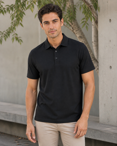 Male model wearing black Sustainable Jacquard Knit Polo