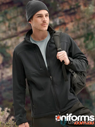 Black sustainable softshell jacket with zip closure and beanie, eco-friendly certified recycled style