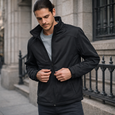 Black zip-up sustainable softshell fleece jacket with high collar and pockets perfect for workwear uniforms