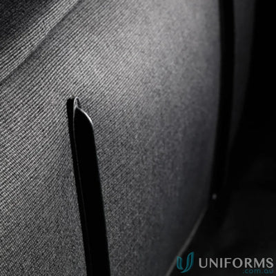 Gray textured fabric with black trim on Swissdigital Arosa Duffle Bag, great for work uniforms