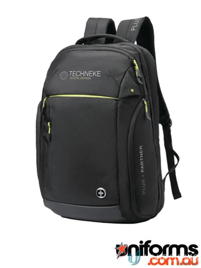 Swissdigital Java Backpack with padded pocket and neon green accents for uniforms