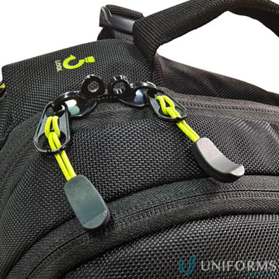 Black Swissdigital Java Backpack with neon green zippers and padded pocket for uniforms