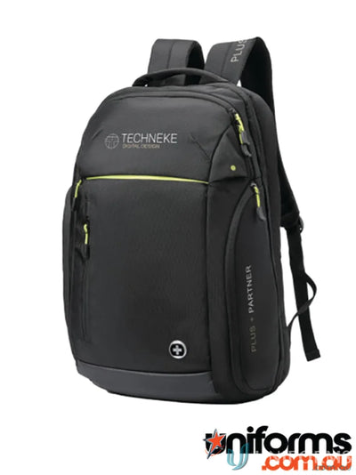 Black Swissdigital Java Backpack with yellow accents, padded pocket for uniforms