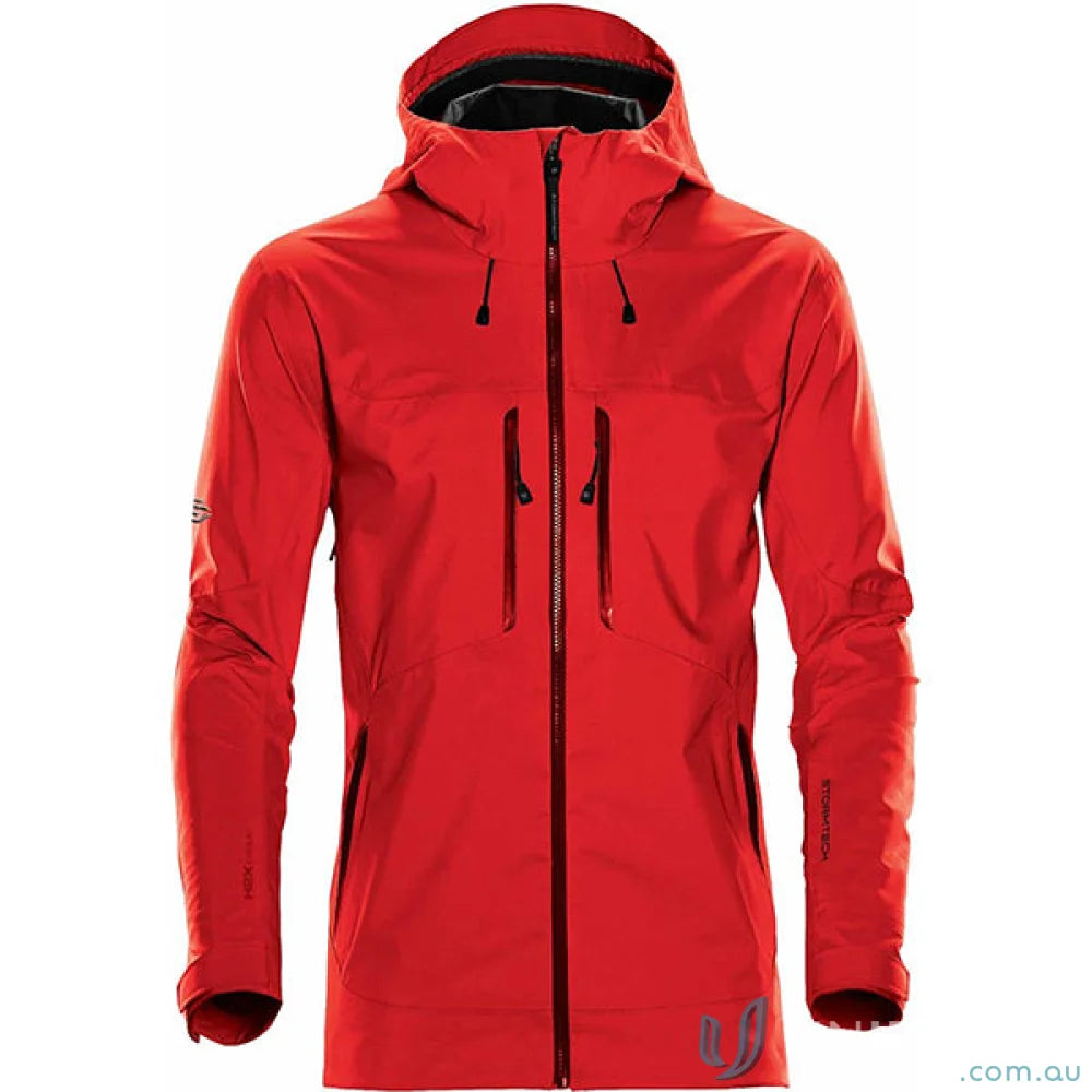 Red Synthesis Stormshell waterproof jacket with coverage hood and zip pockets for uniforms