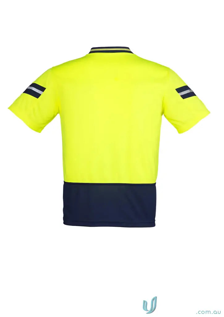 Yellow and navy blue astro short sleeve polo shirt for men, style Syzmic Astro Safety Polo ZH245