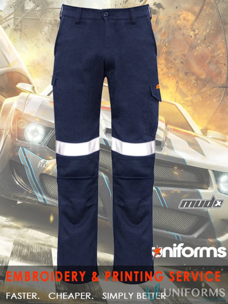 Navy work pants with reflective stripes from the Syzmic Range Mens Orange Flame Taped Cargo Pant ZP521