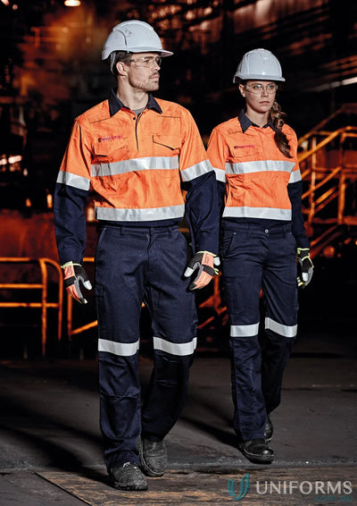 Two workers in high-vis taped cargo pant from SYZMIC FIRE ARMOR WOMENS ORANGE line