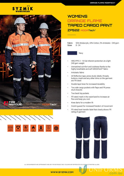 Syzmic Womens Orange Taped Cargo Pant with workwear cargo pants look and orange flame taped detail