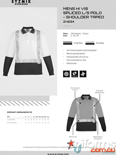 Mens high visibility vis spliced long sleeve polo shirt from Syzmic Hi Vis Spliced LS Polo