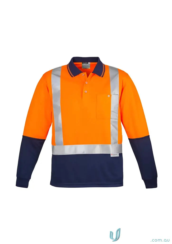 Orange and navy blue vis spliced long sleeve polo shirt for high visibility mens workwear