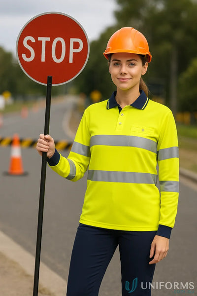 Woman in Syzmik Unisex Bio Motion Taped LS Polo holding stop sign for safety
