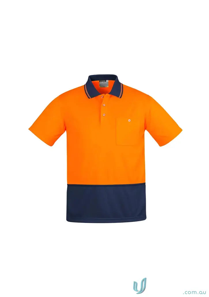 Orange and navy blue short-sleeved Syzmik men’s polo shirt for ultimate comfort and staying cool