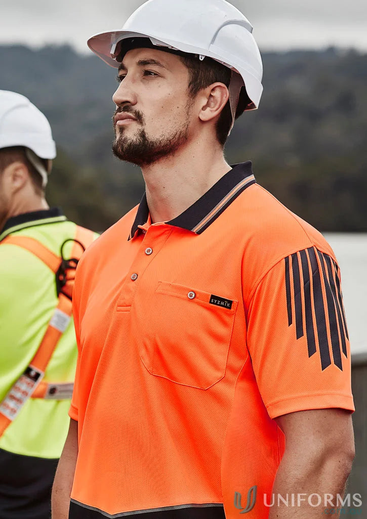 Orange and black flux short sleeve polo shirt for men from Syzmic HiVis Flux SS Polo collection