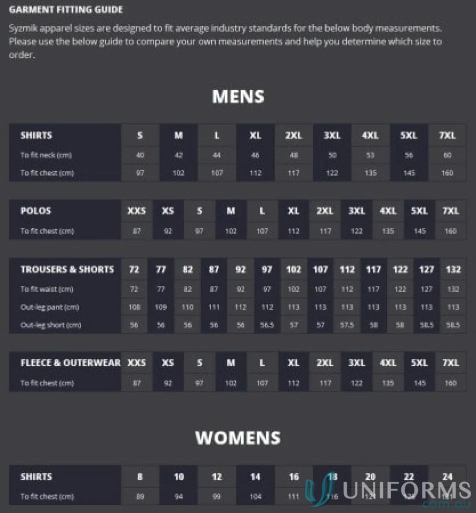 Apparel size guide for Syzmik Men’s Flux Short Sleeve Polo ZH315 SDS in the Syzmic HiVis Flux SS Polo