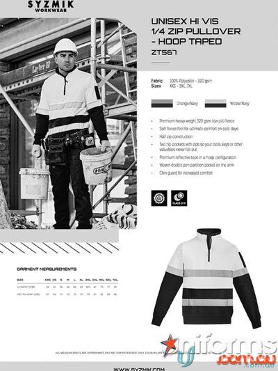 Syzmic Unisex Hi-Vis Work Pullover with premium fleece and zip hoop taped detail
