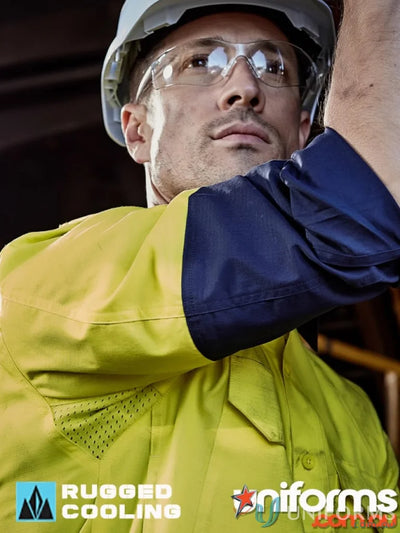 Construction worker in safety gear wearing Syzmik Mens Rugged Cooling Vis Shirt ZW128 highlighting stress points