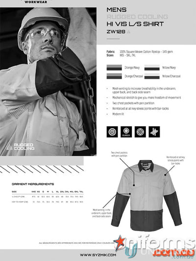 Mens rugged cooling hi-vis long-sleeve work shirt showcasing stress point reinforcement in syzmik vis shirt zw128