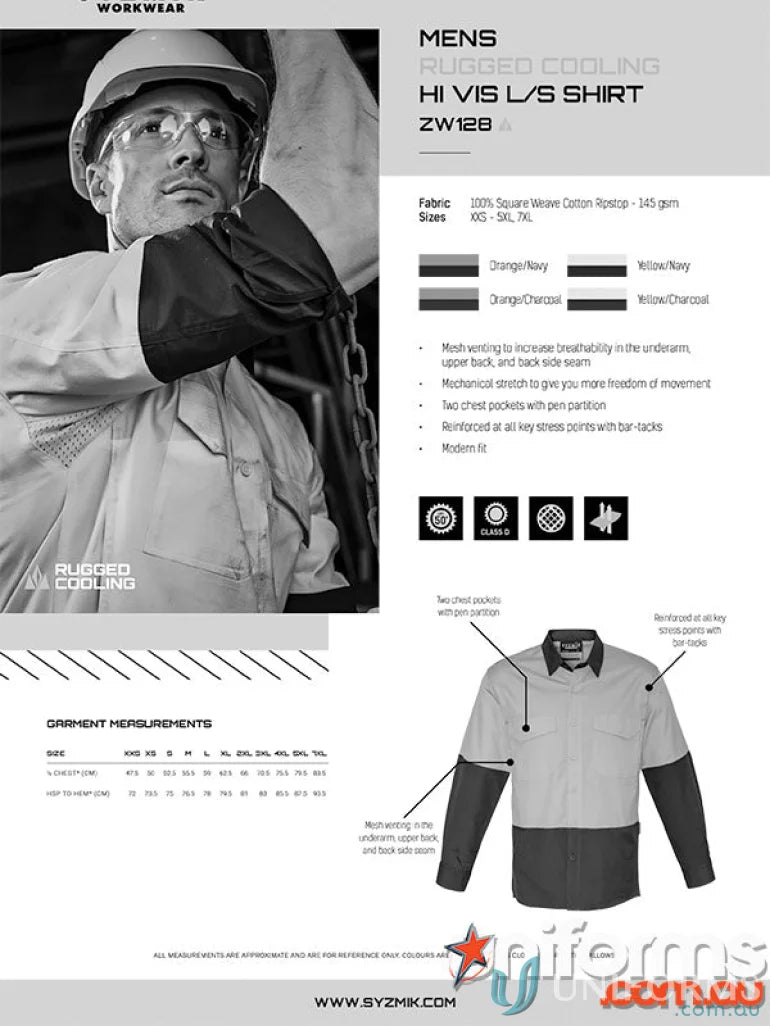Mens rugged cooling hi-vis long-sleeve work shirt showcasing stress point reinforcement in syzmik vis shirt zw128