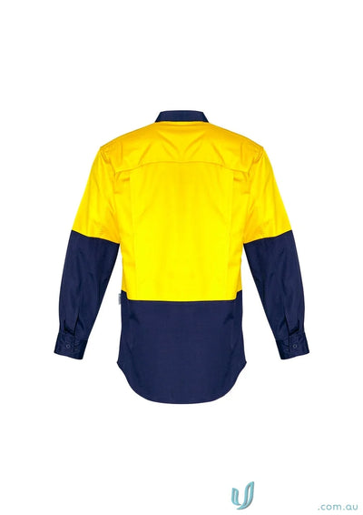 Yellow and navy blue work shirt from Syzmik Mens Rugged Cooling Vis Shirt ZW128, durable stress point design